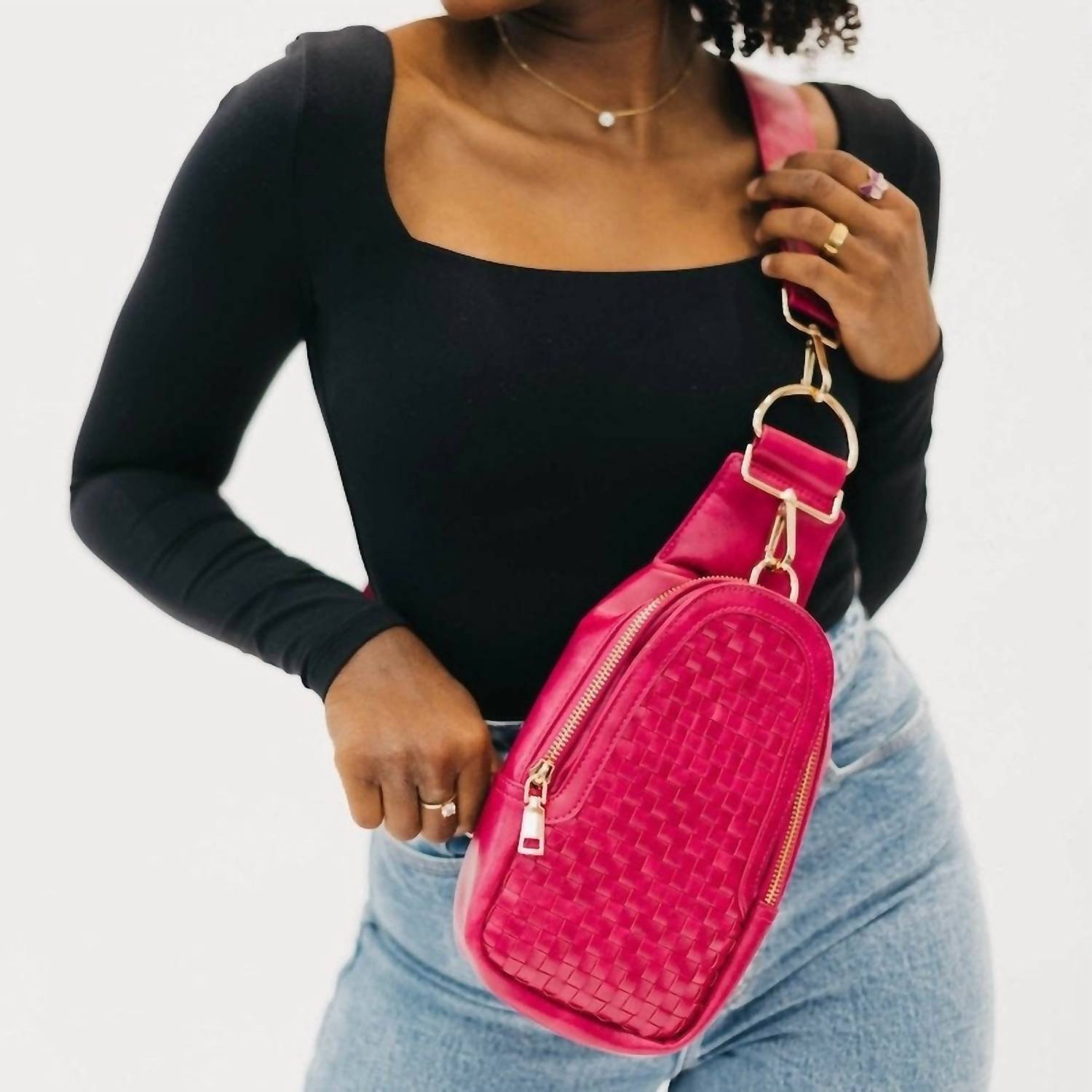 Pretty Simple Women's Waverly Woven Crossbody Sling Bag With Strap Extender in fuchsia pink - women's bag - detail view