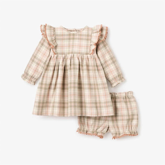 Elegant Baby - Kid's Plaid Ruffle Shoulder Dress & Bloomer Set