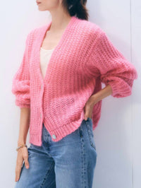 White + Warren Mohair Luxe Cardigan in pink bloom - women's cardigan - detail view