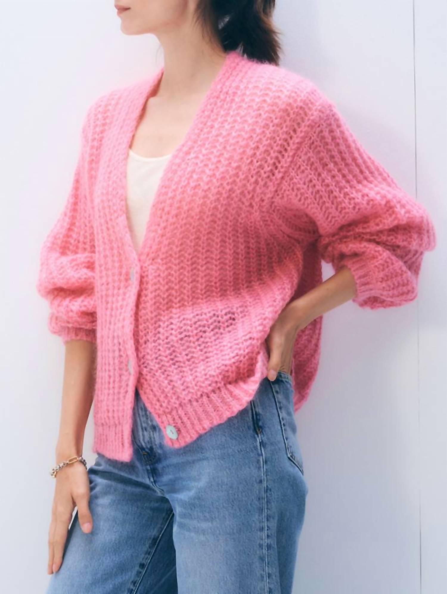 White + Warren Mohair Luxe Cardigan in pink bloom - women's cardigan - detail view
