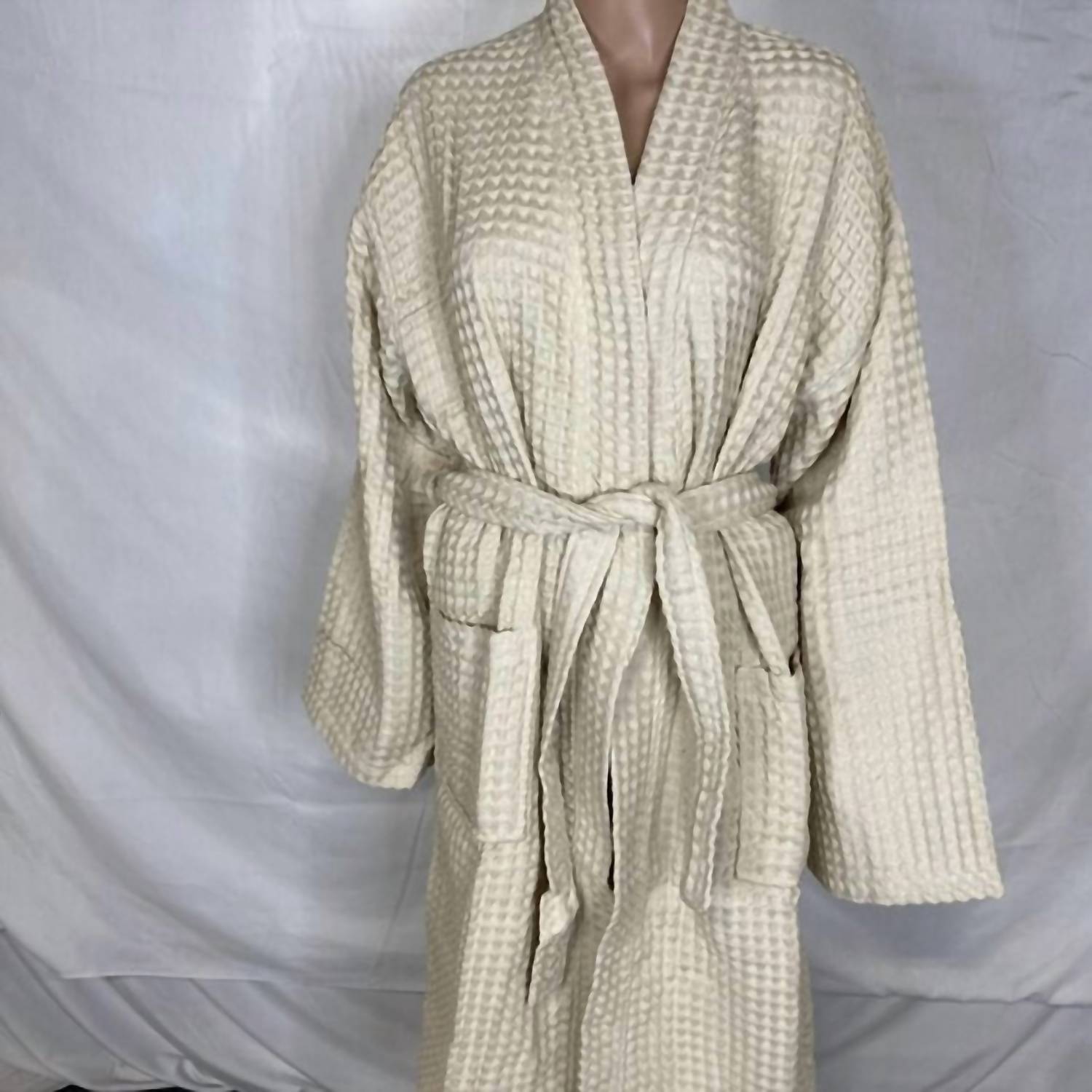 NAIX Unisex Shkoder Cotton Waffle Robe in cream - women's intimate - detail view