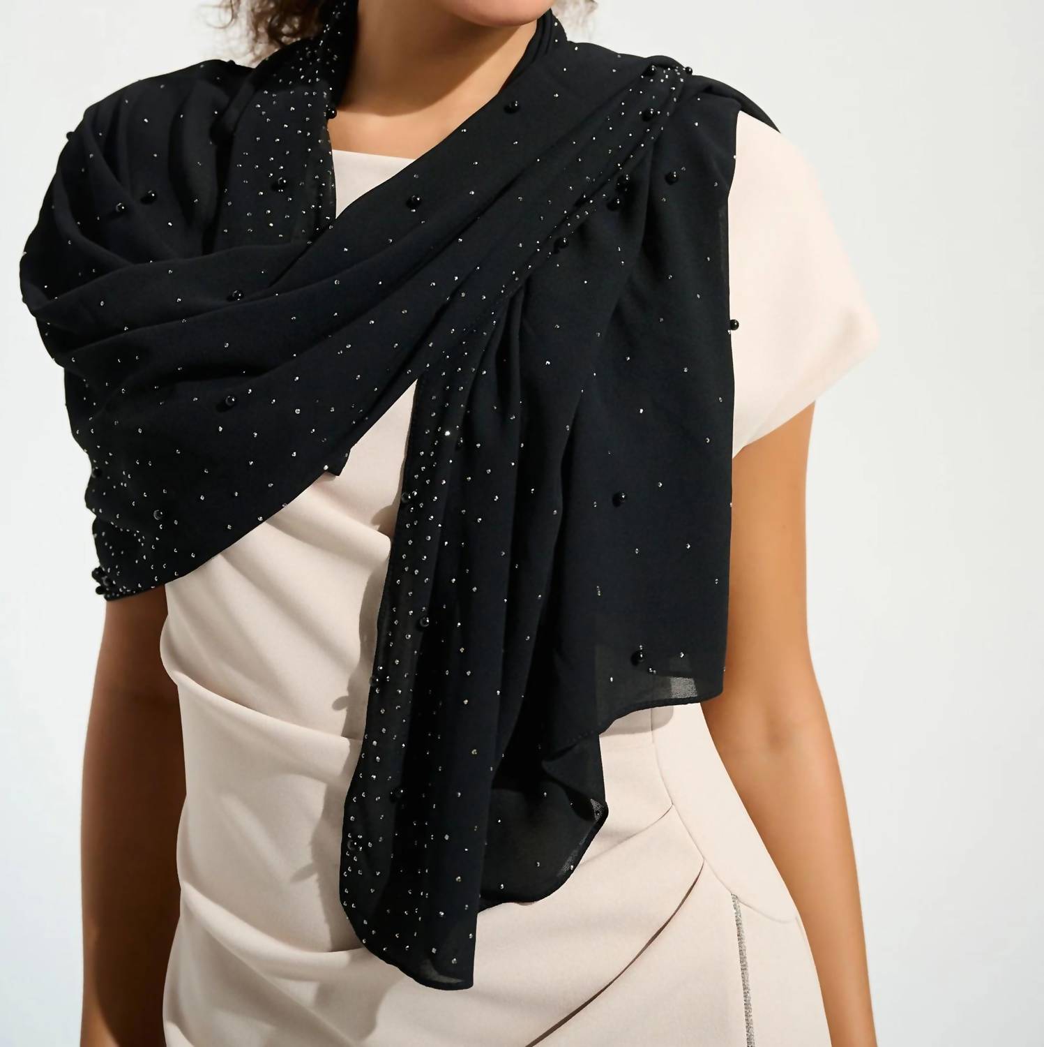 Joseph Ribkoff - Chiffon Rectangular Scarf With Rhinestones And Pearls