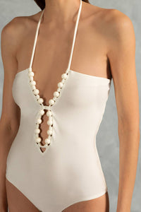 ADRIANA DEGREAS Golden Age Solid Halterneck Swimsuit in off white - women's swimwear - view 4