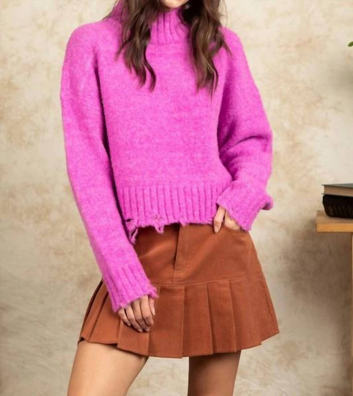Fashion District La - Long Sleeve Mockneck Distressed Sweater