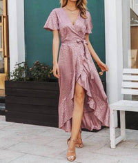 Simplee Apparel - Asymmetrical Ruffle Hem Wrap Maxi Dress