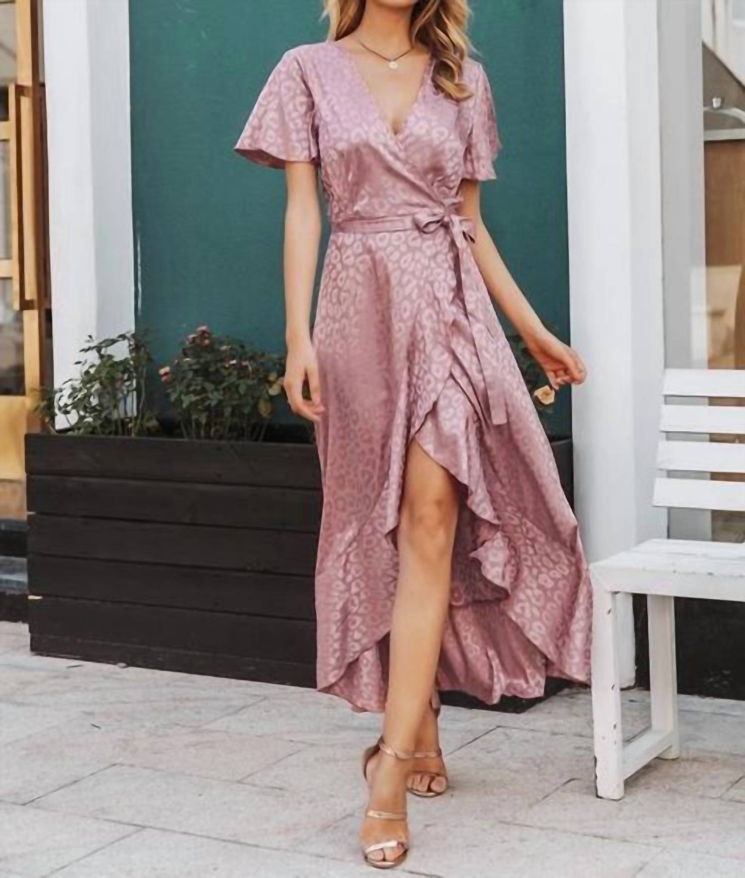 Simplee Apparel - Asymmetrical Ruffle Hem Wrap Maxi Dress