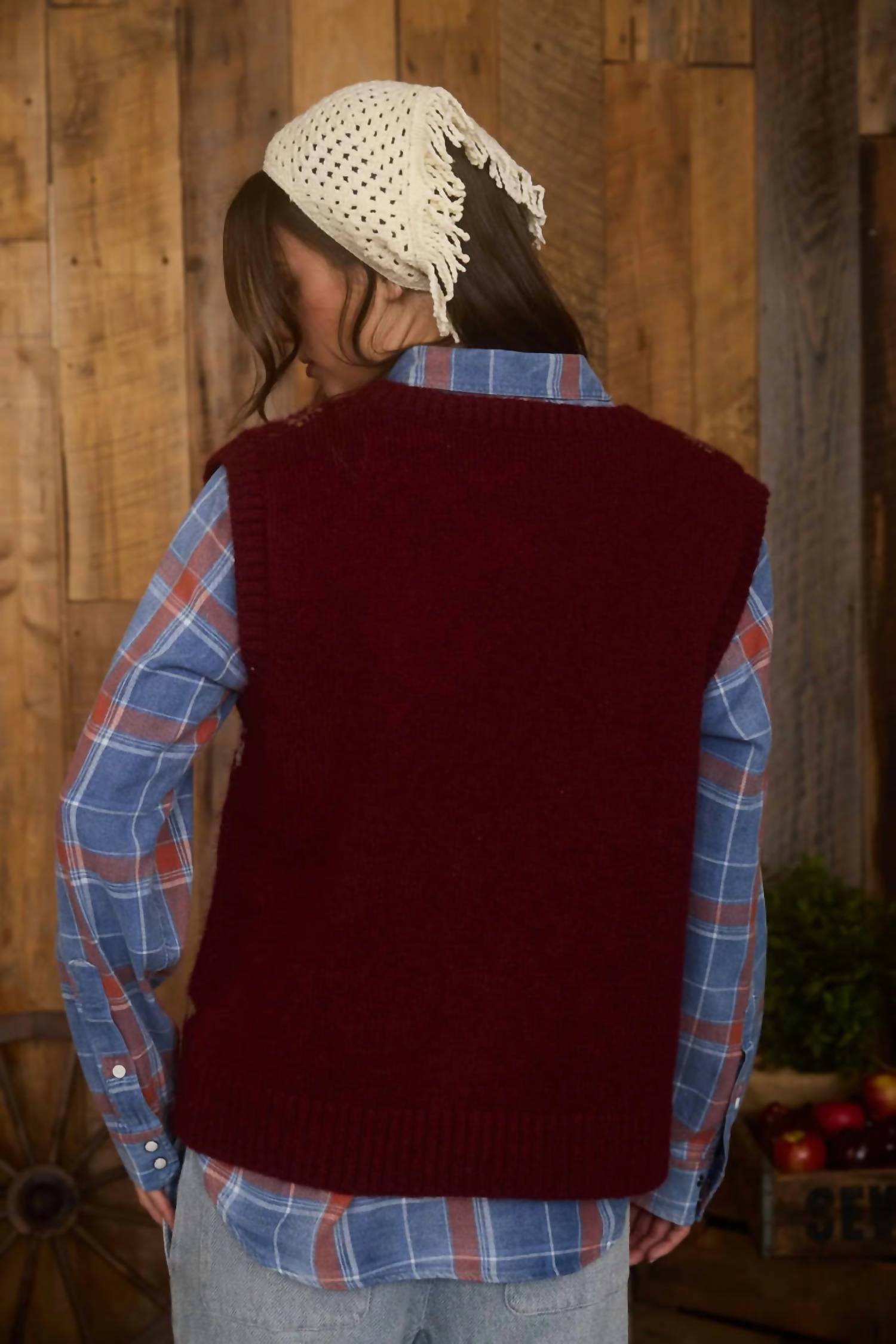 Blu Pepper Floral Sweater Vest in burgundy - women's sweater - detail view