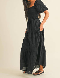 Klesis - Eyelet Puff Sleeves Midi Dress With Smocking