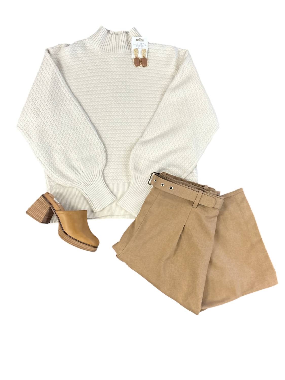 Apricot - Women's High Neck Cable Sweater