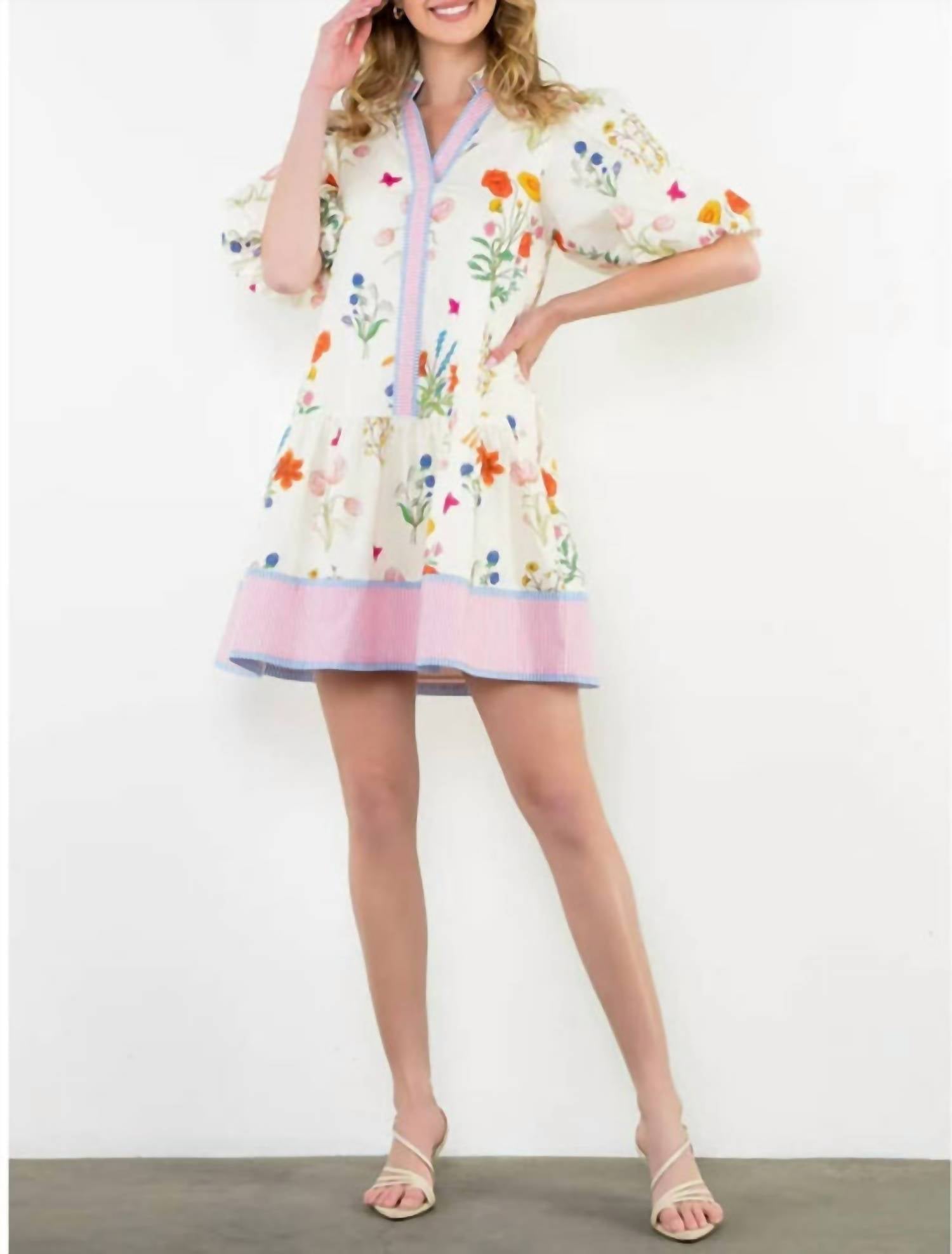 Rosa Clothing Marbella Bohemia Floral Puff Sleeve Relaxed Midi Dress in white - women's dress
