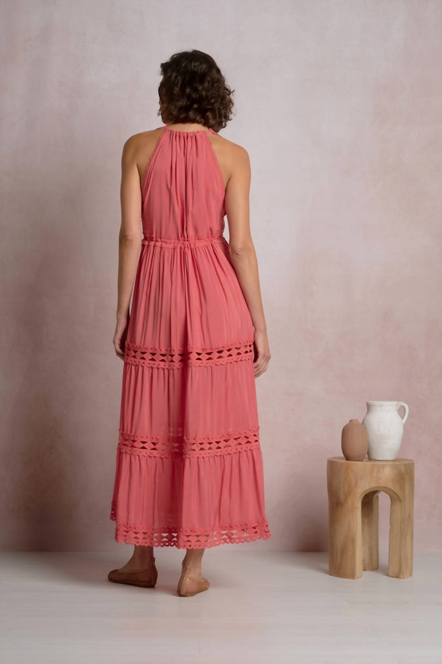 ELAN Sleeveless V-neck Lace Border Maxi Dress in pink - women's dress - detail view
