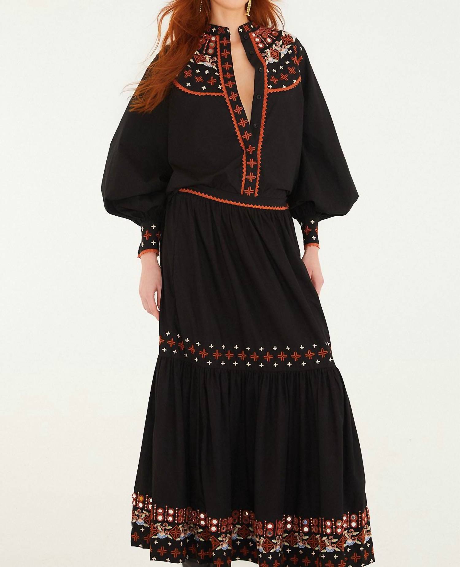 Farm Rio - Embroidered Tiered Maxi Skirt