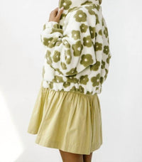HYFVE Cropped Daisy Print Sherpa Jacket in green floral pattern - women's jacket - detail view