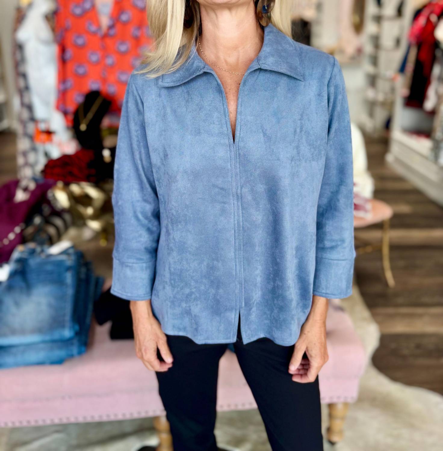 Boho Chic Suede V-neck Blouse in blue - women's blouse