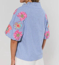 Thml - Puff Sleeve Embroidery Stripe Top