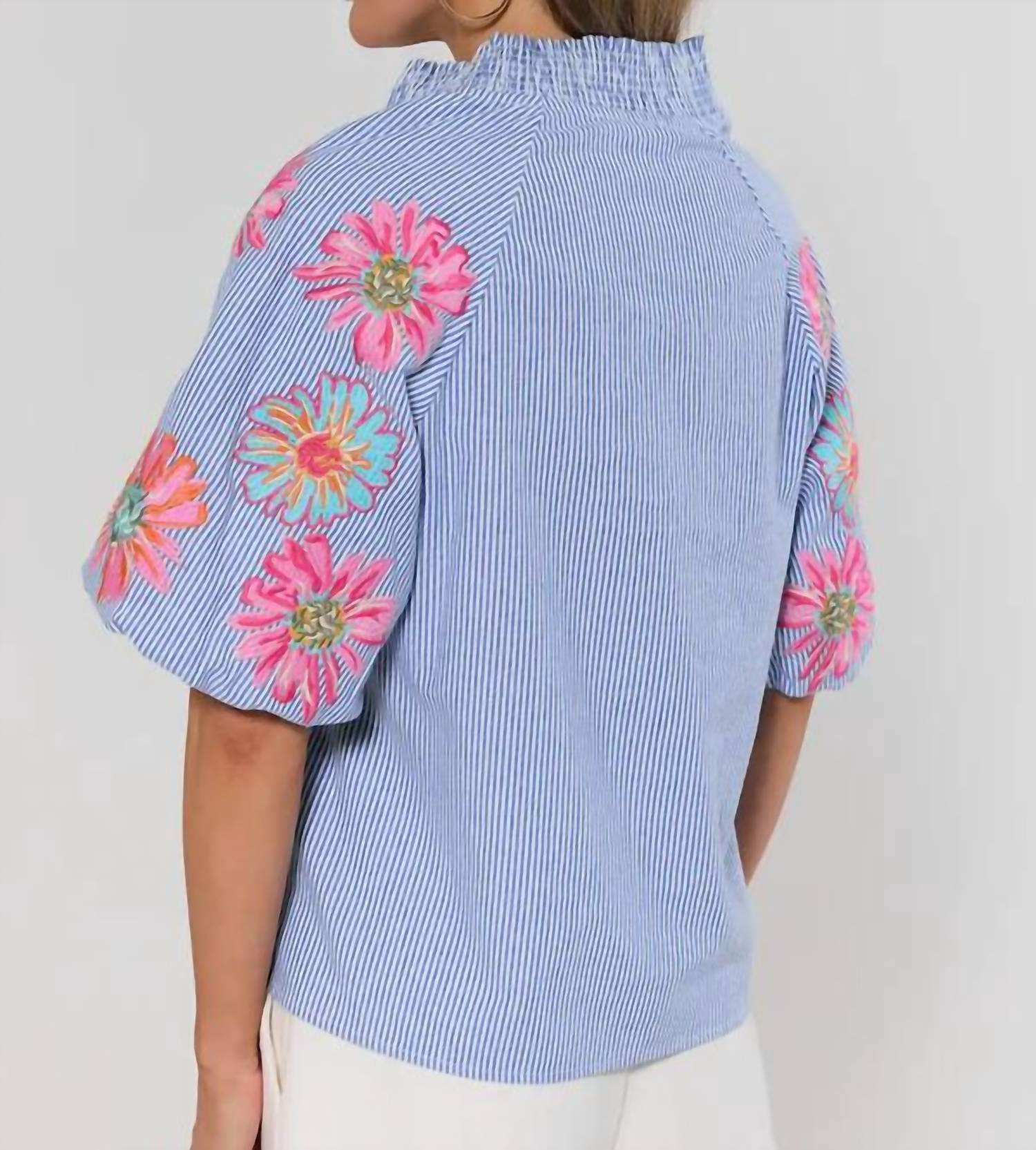 Thml - Puff Sleeve Embroidery Stripe Top