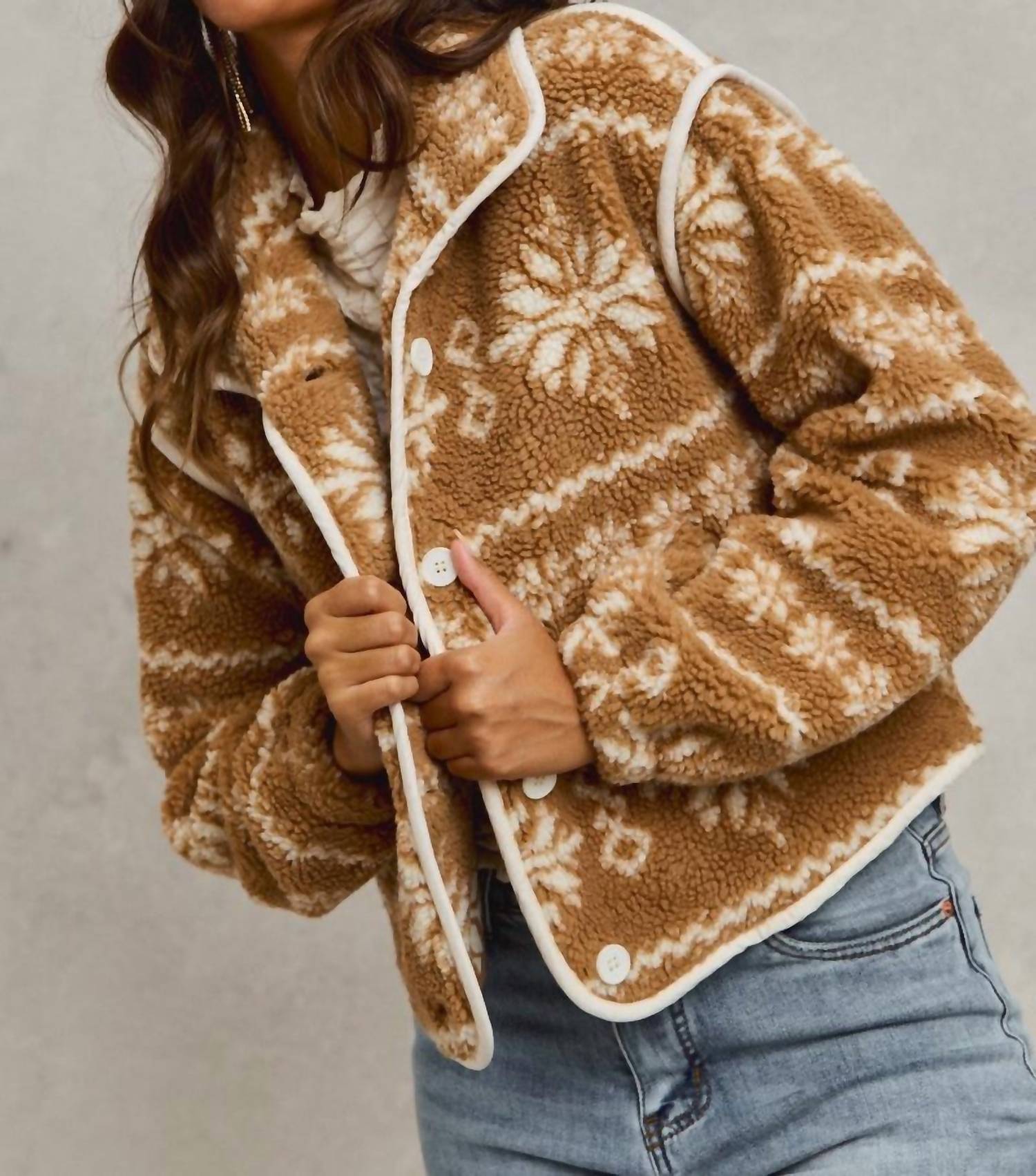 So Me - Sherpa Faux Fair Isle Button Down Jacket