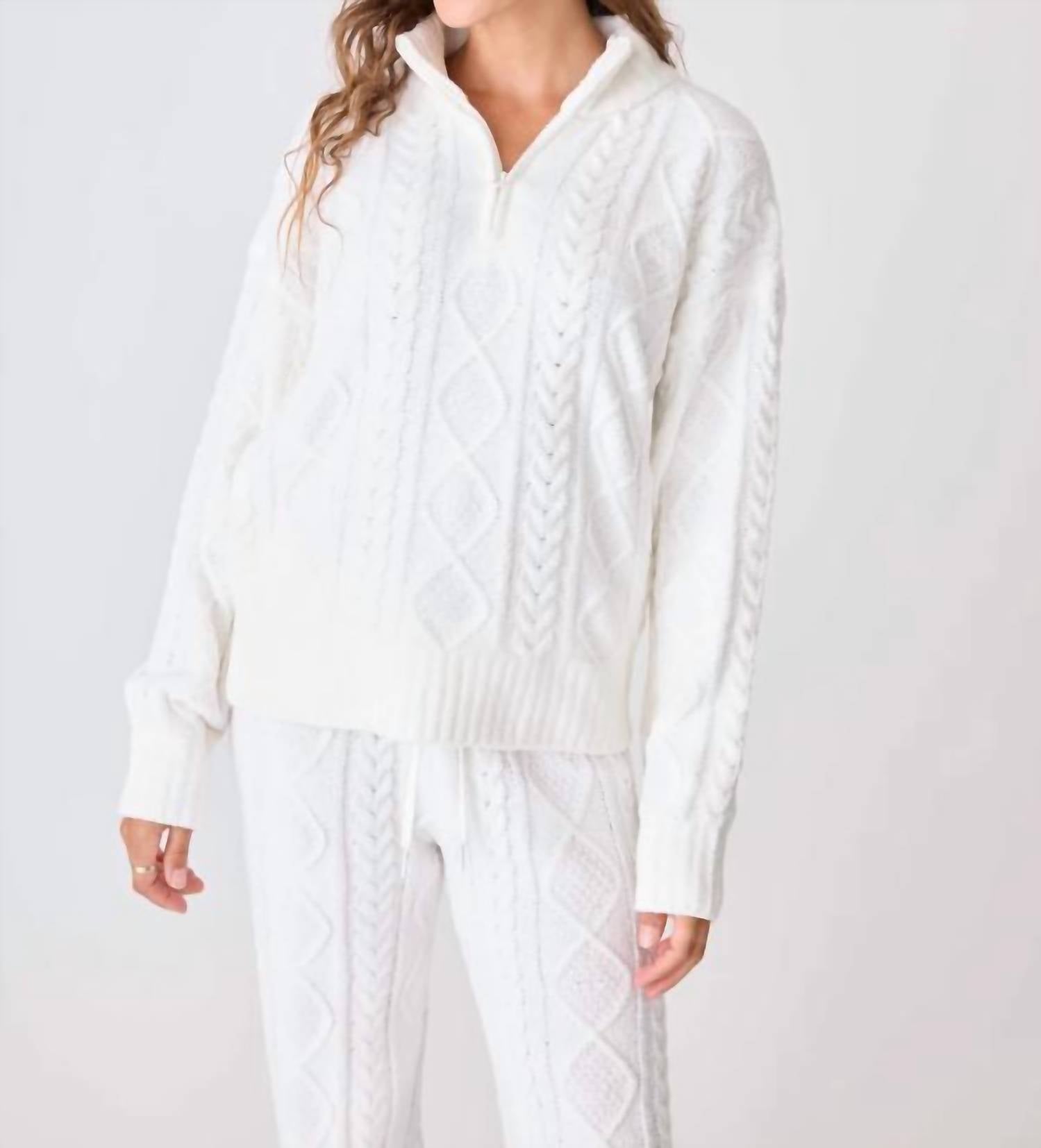 PJ Salvage Chenille Cozy Cable Quarter Zip Sweater in ivory - women's sweater