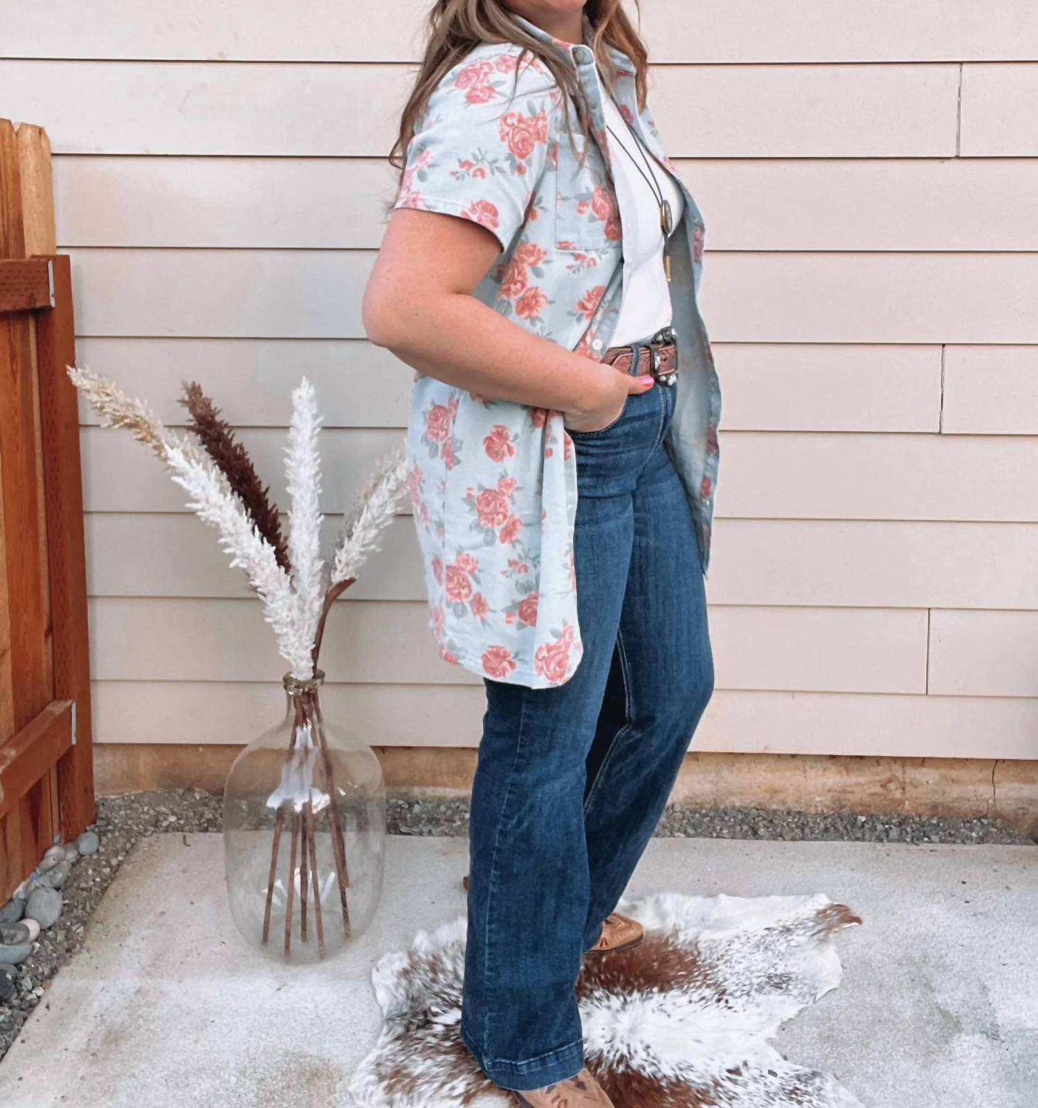 Adora - Floral Denim Shirt Dress Top