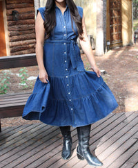 Blue B - Women's Dakota Belted Button Up Tiered Denim Midi Dress
