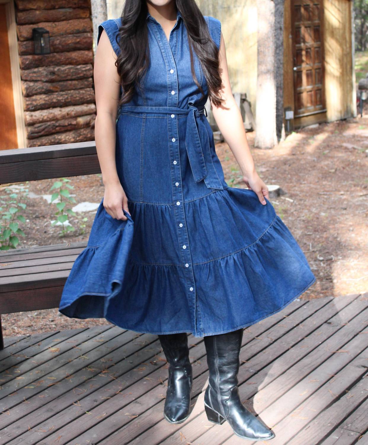 Blue B - Women's Dakota Belted Button Up Tiered Denim Midi Dress