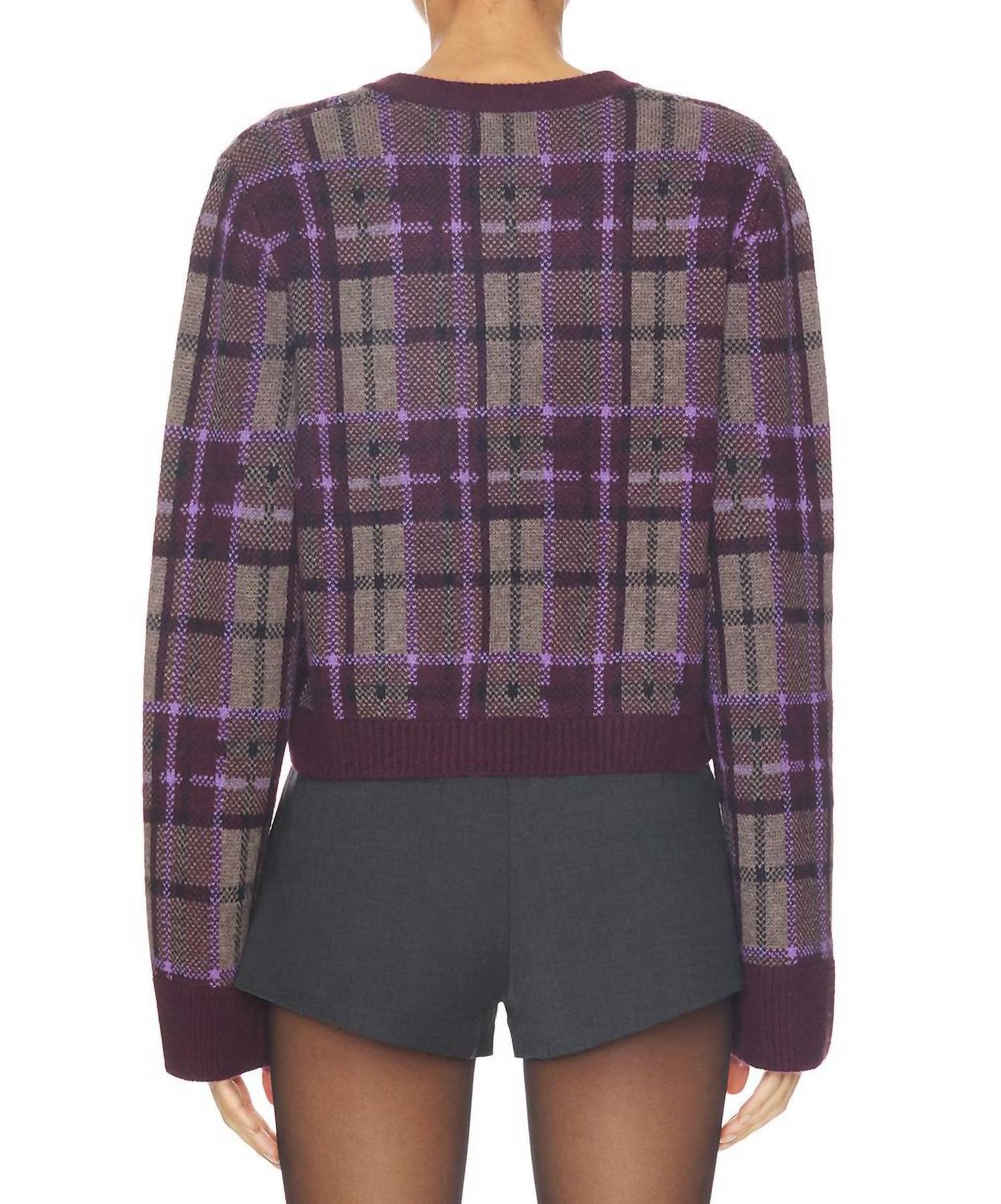 NAADAM Luxe Plaid Jacquard Cardigan in purple combo - women's cardigan - detail view