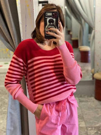 sundays Stripe Knit Long Sleeve Sweater in pink red - women's sweater - detail view