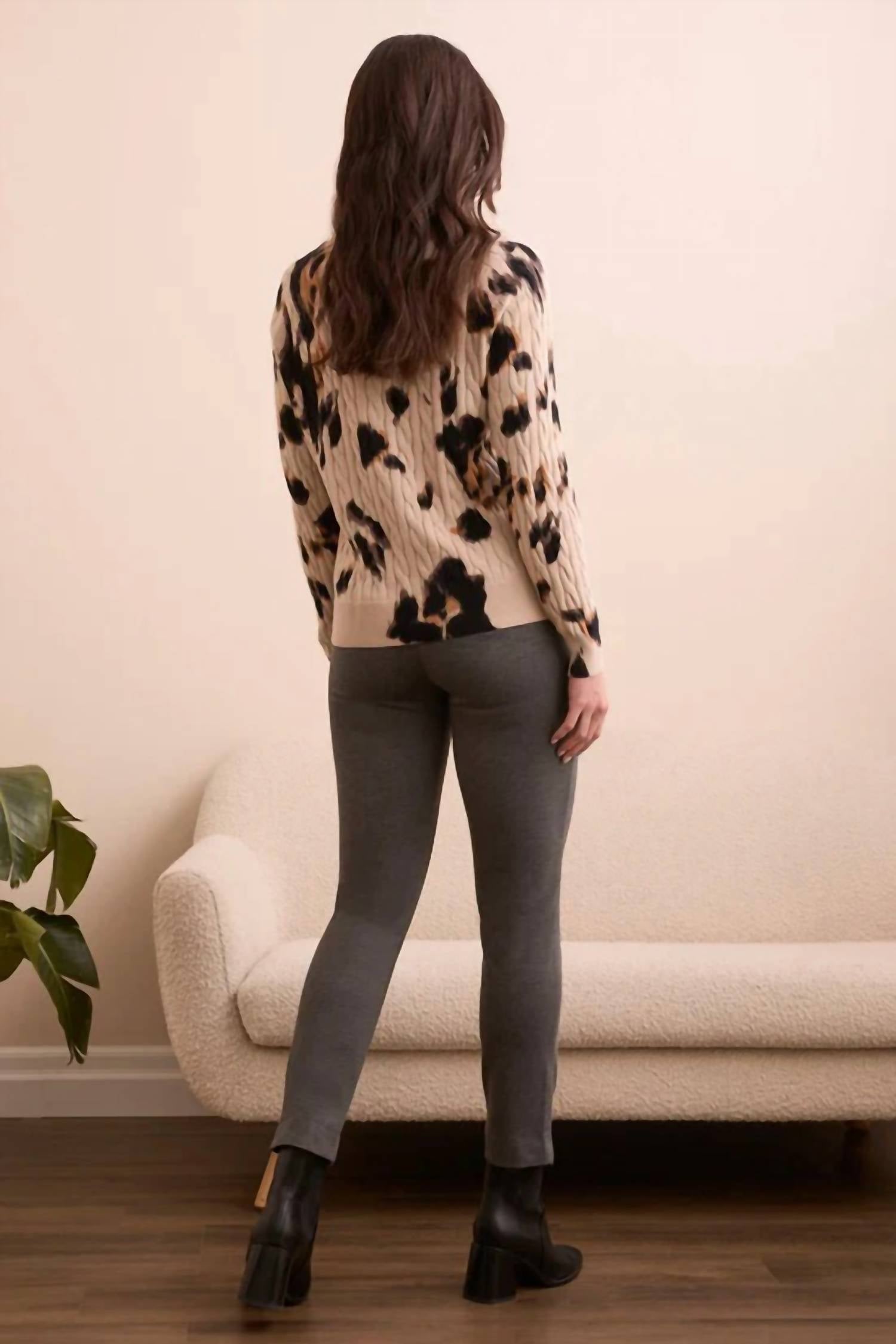 TRIBAL Printed Cable Cotton Crew Neck Sweater in sandstone - women's sweater - alternate view