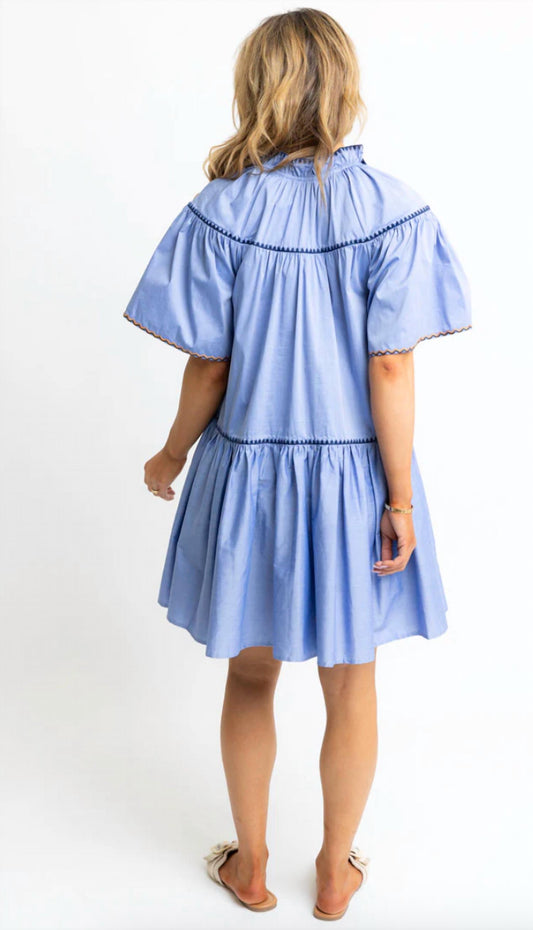 Karlie - Solid Vneck Contrast Embroided Trim Tier Dress