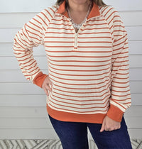 STACCATO Striped French Terry Quarter Zip in tangerine - women's long sleeve top