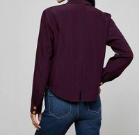 L'Agence Cosette Crop Hi Low Triped Shirt in dark malbec pinstripe - women's shirt - detail view