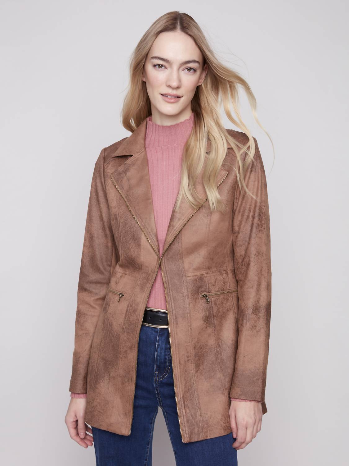 Charlie B - Vintage Texture Faux Suede Long Jacket