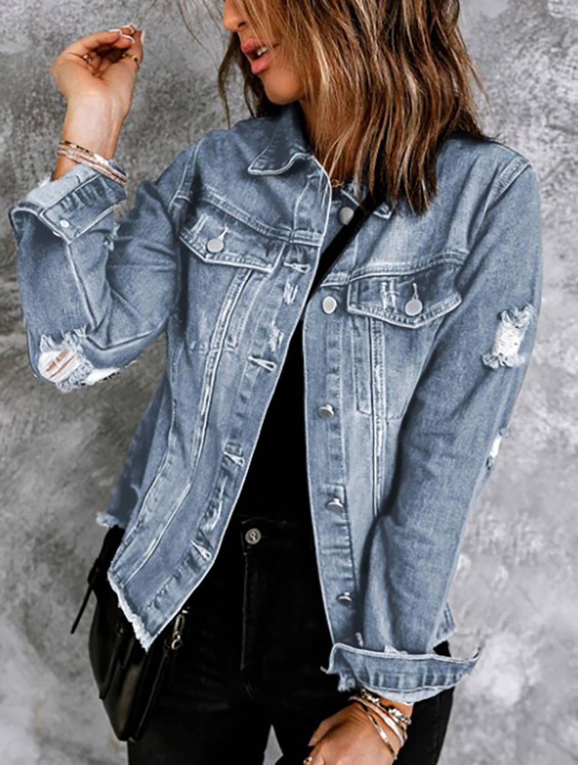 Legend Or Lies - Lapel Distressed Raw Hem Denim Jacket
