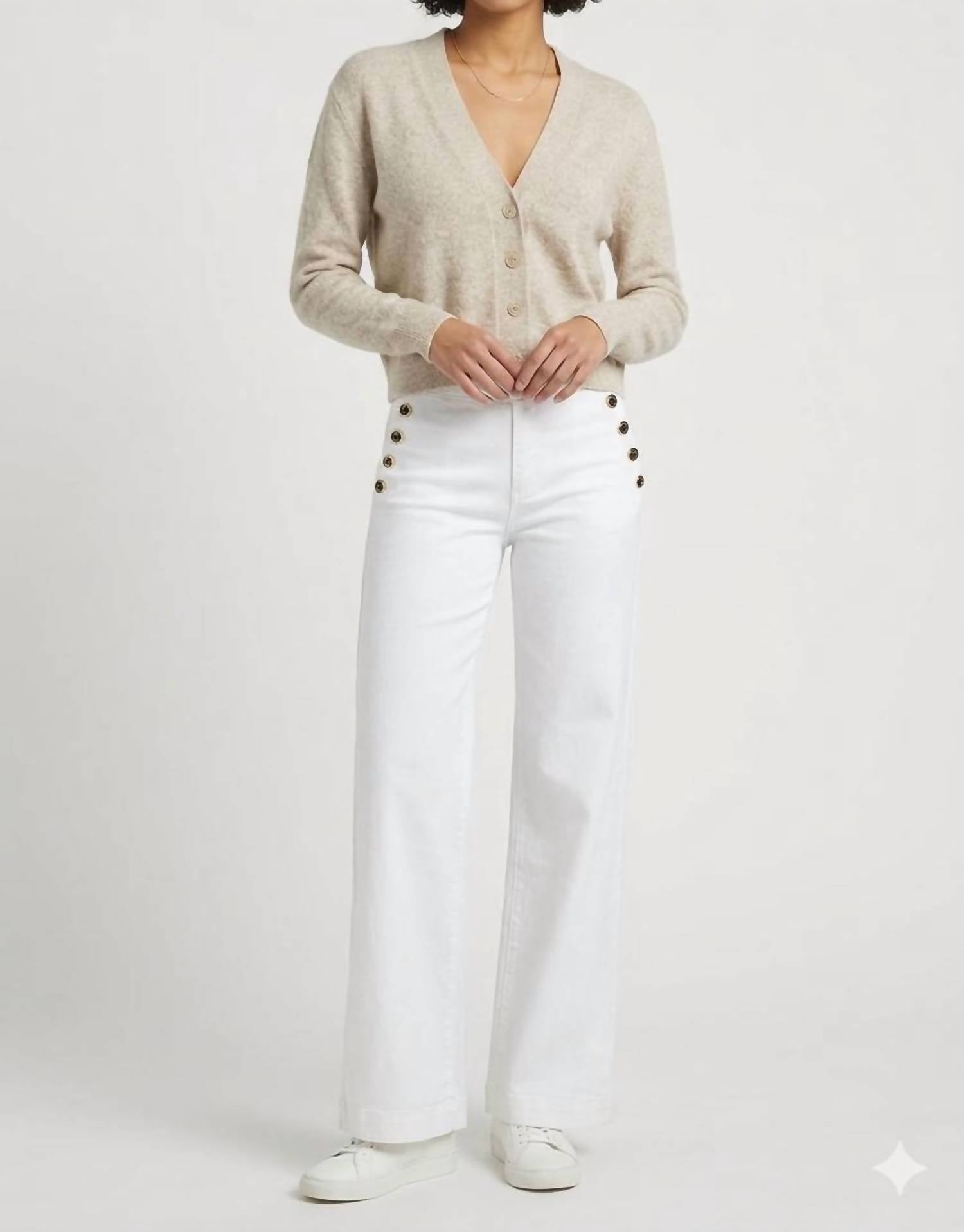 Brodie Cashmere Boxy Cropped Cashmere Cardigan in wheat - women's cardigan - detail view