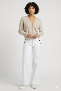 Brodie Cashmere Boxy Cropped Cashmere Cardigan in wheat - women's cardigan - alternate view