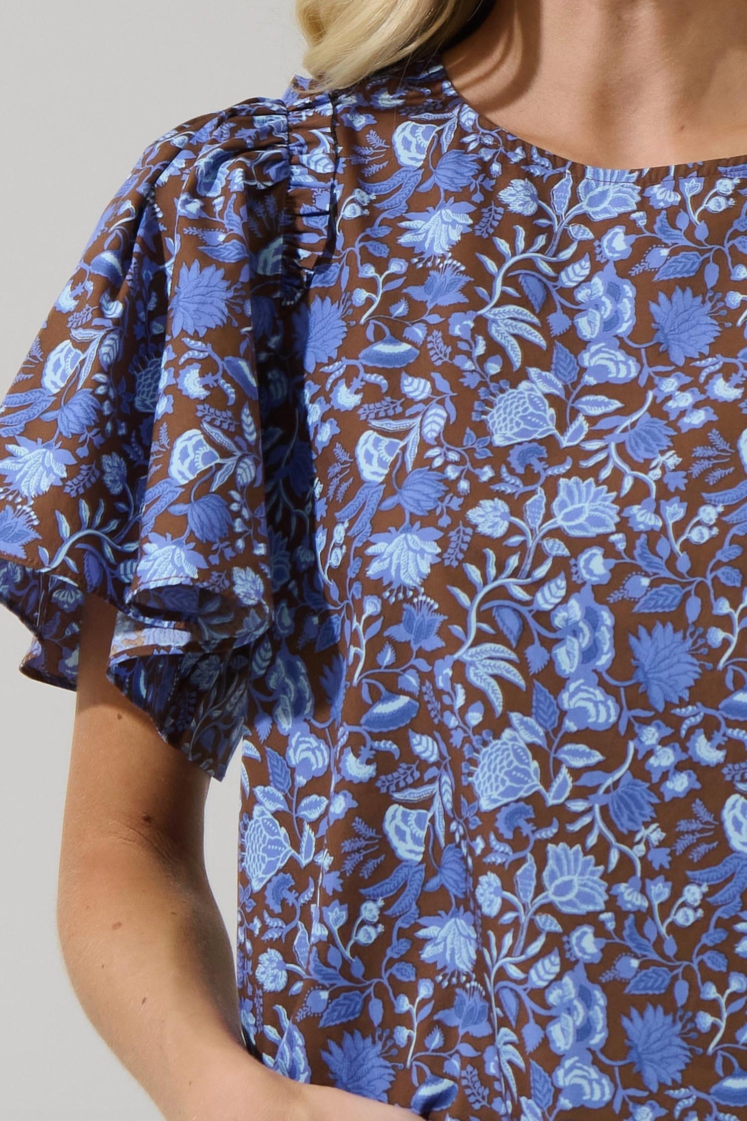 SUGARLIPS Princeton Floral Puff Sleeve Top in brown blue - women's blouse - view 5