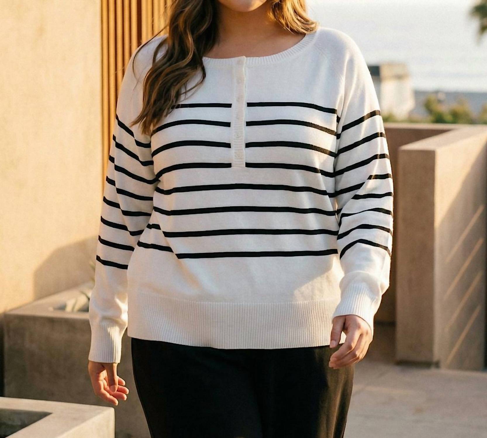 Karen Kane Henley Stripe Sweater - Plus in off white with black - women's sweater - view 4