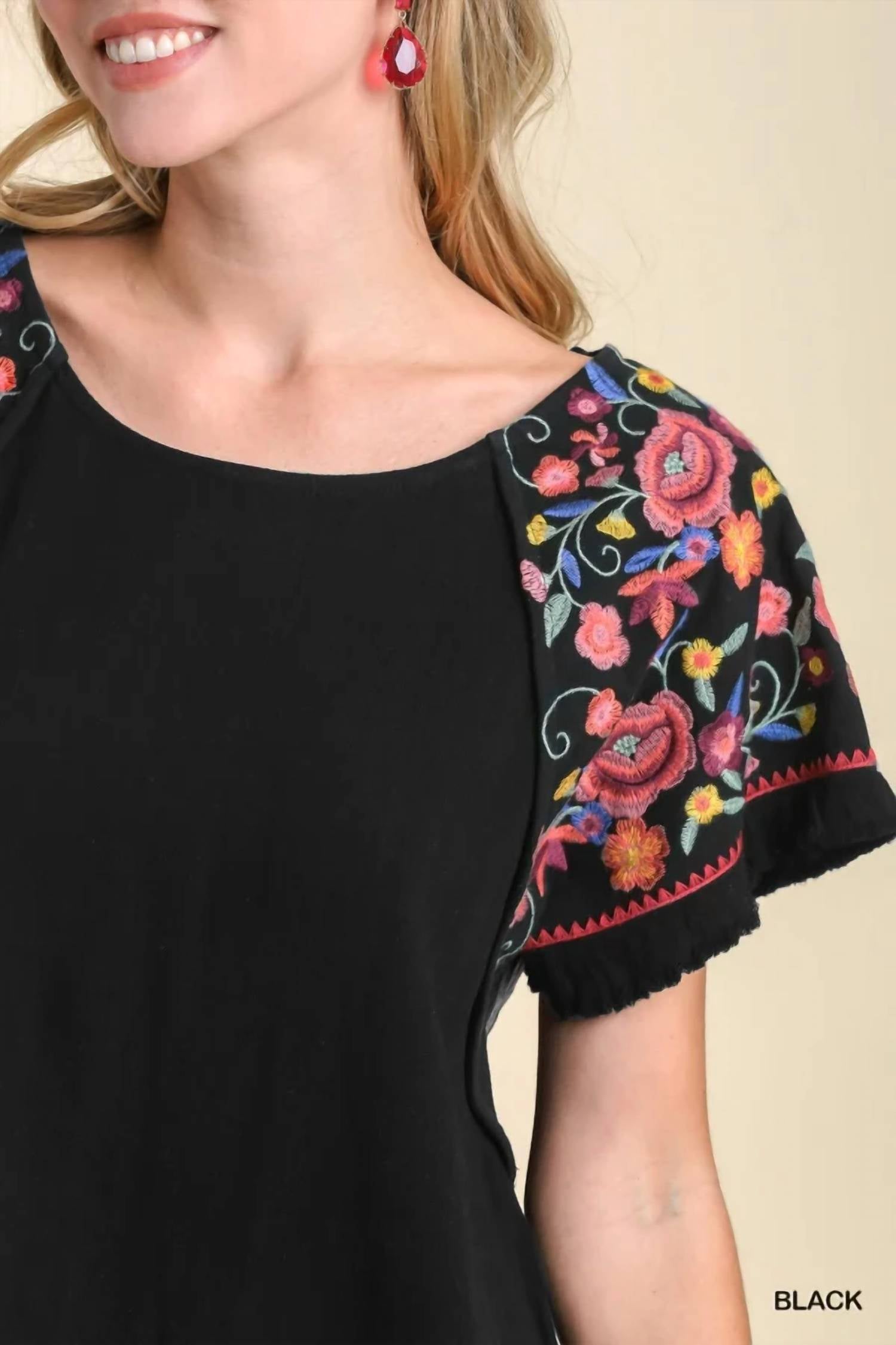 Umgee - Embroidered Sleeve Frayed Ruffle Trim Top