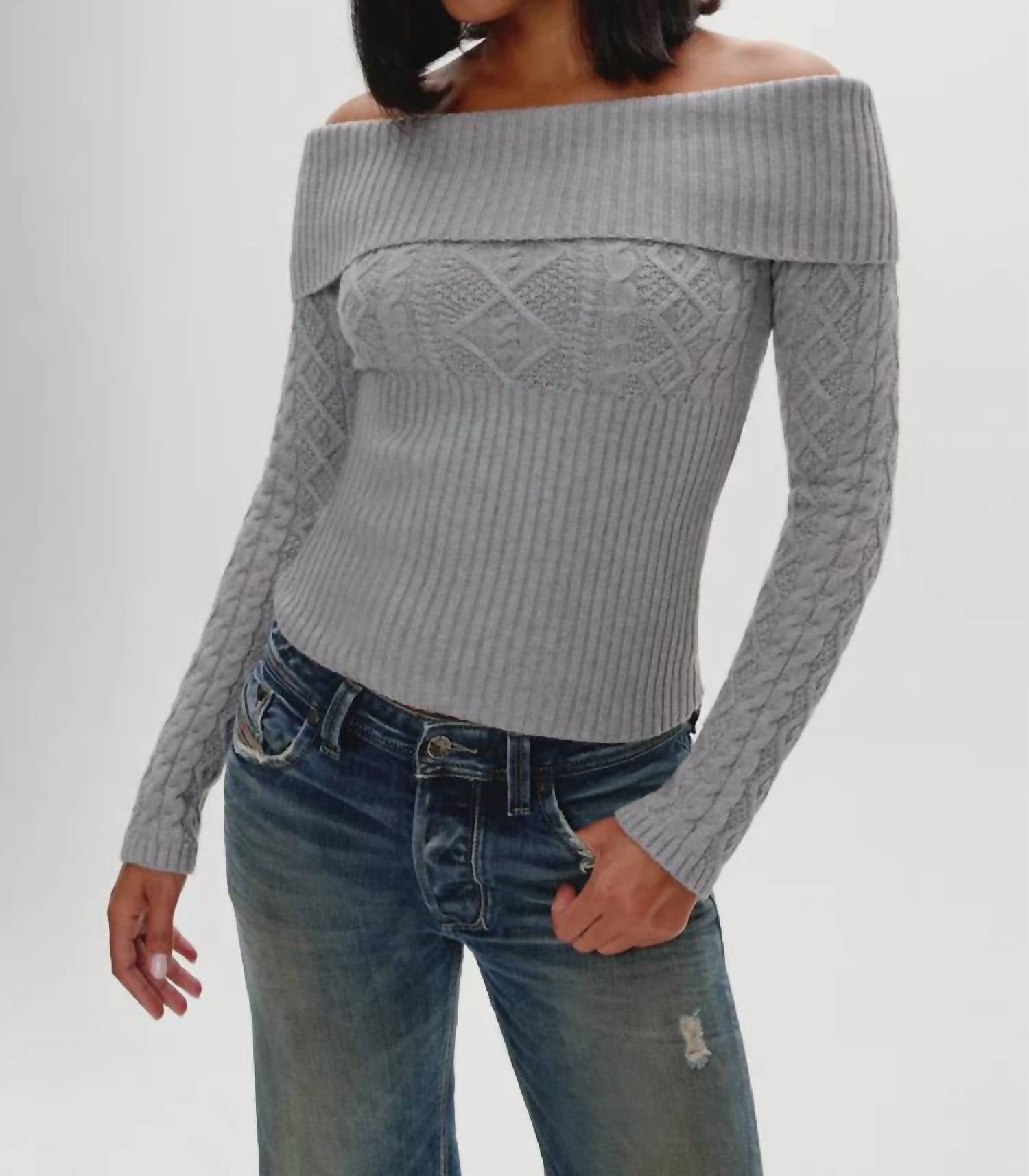 Frankies Bikinis Jazz Off The Shoulder Knit Sweater in cloud cover - women's sweater