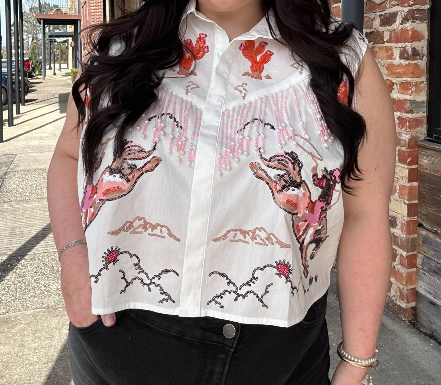 Queen Of Sparkles - Women's Bucking Cowgirl Fringe Top