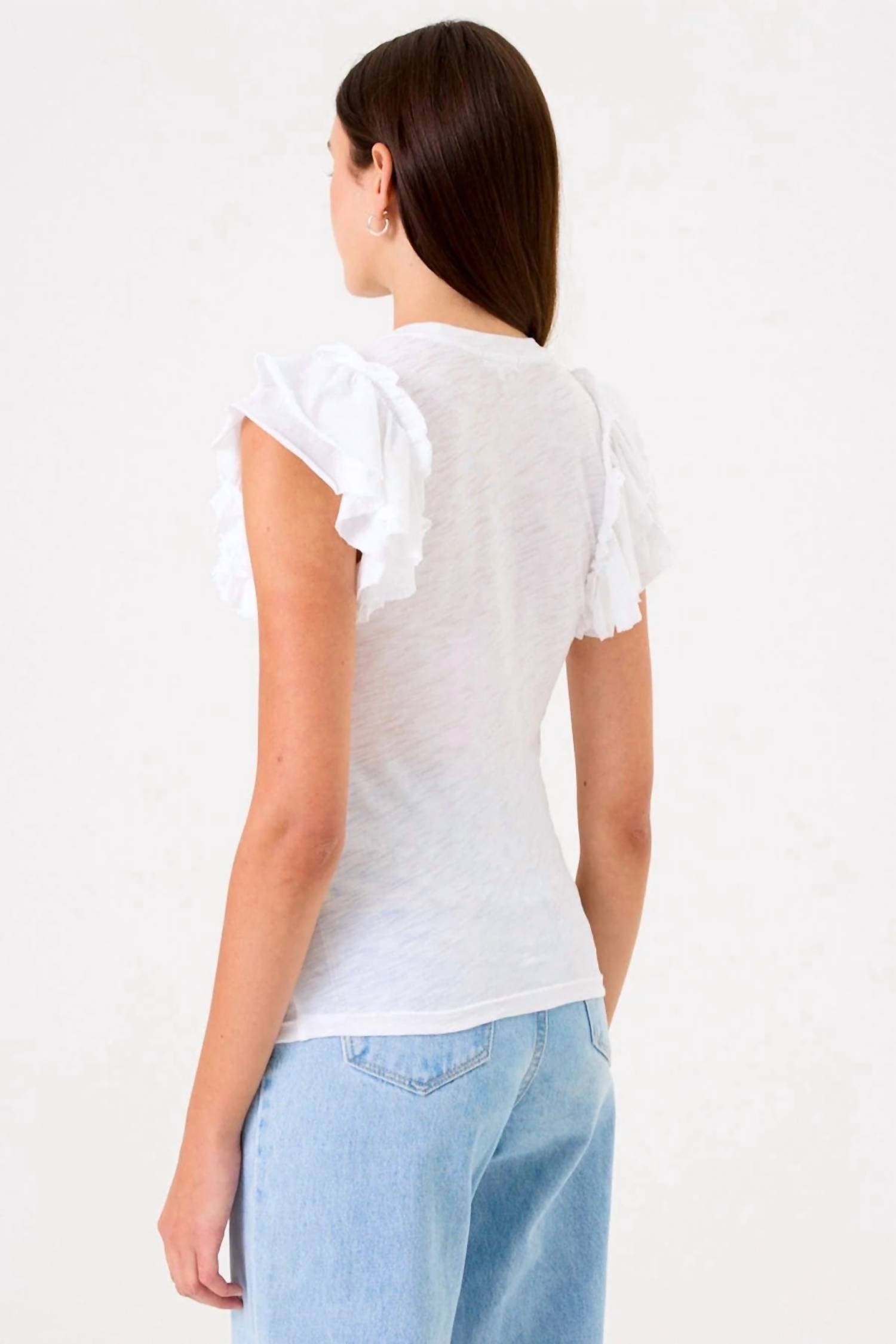 GOLDIE Sleeveless Double Ruffle Tee in white - women's blouse - detail view