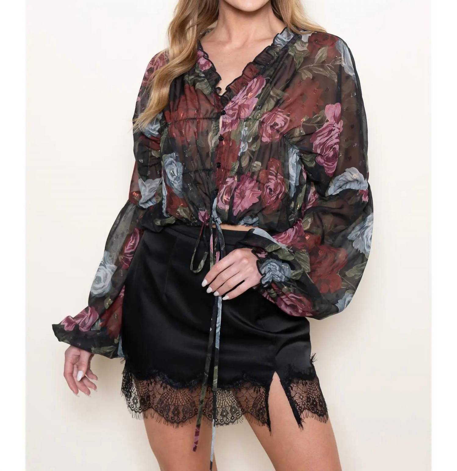 Fore Collection - Floral Printed Smocked Chiffon Top