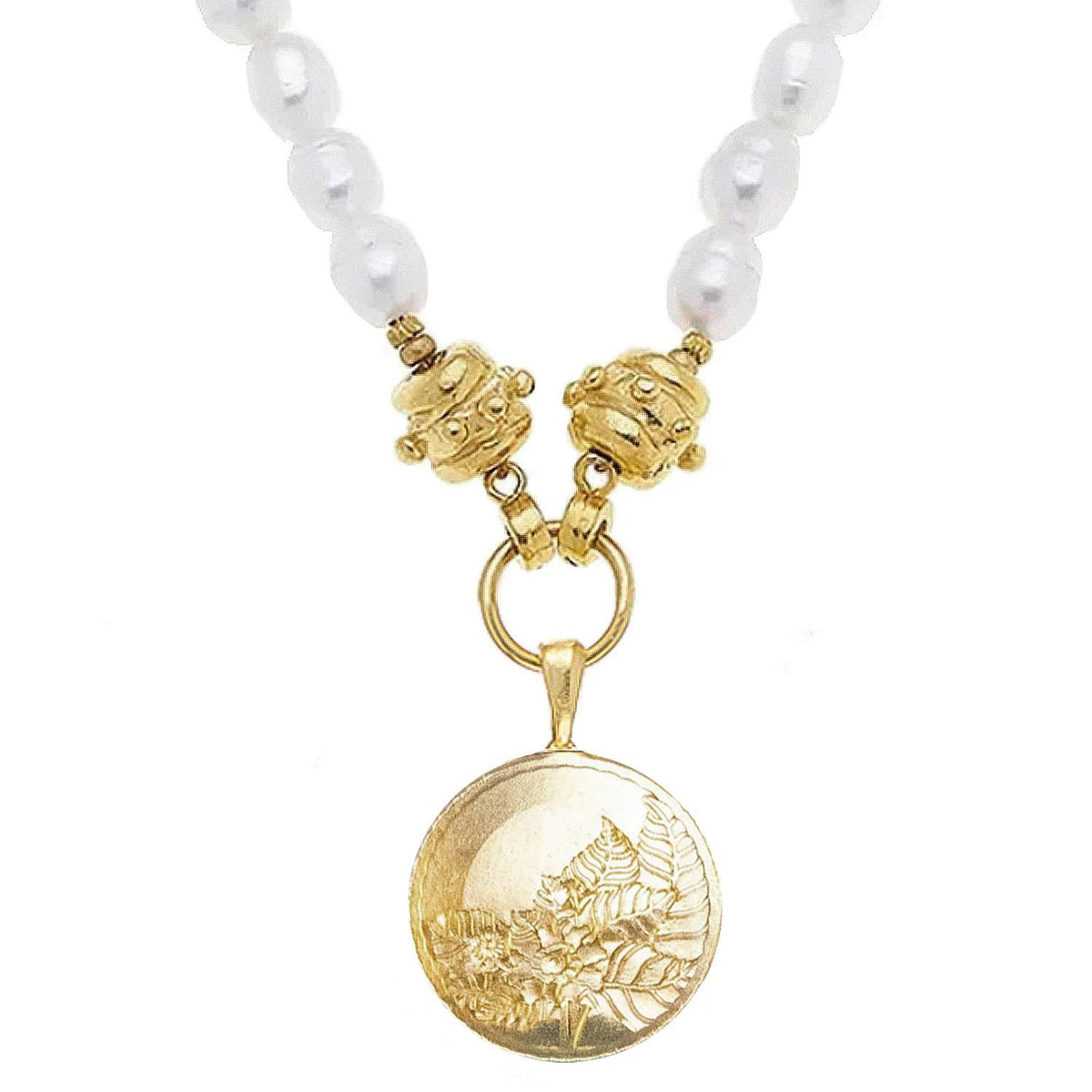 Susan Shaw - Tobacco Leaf Plate On Genuine Large Freshwater Pearl Necklace