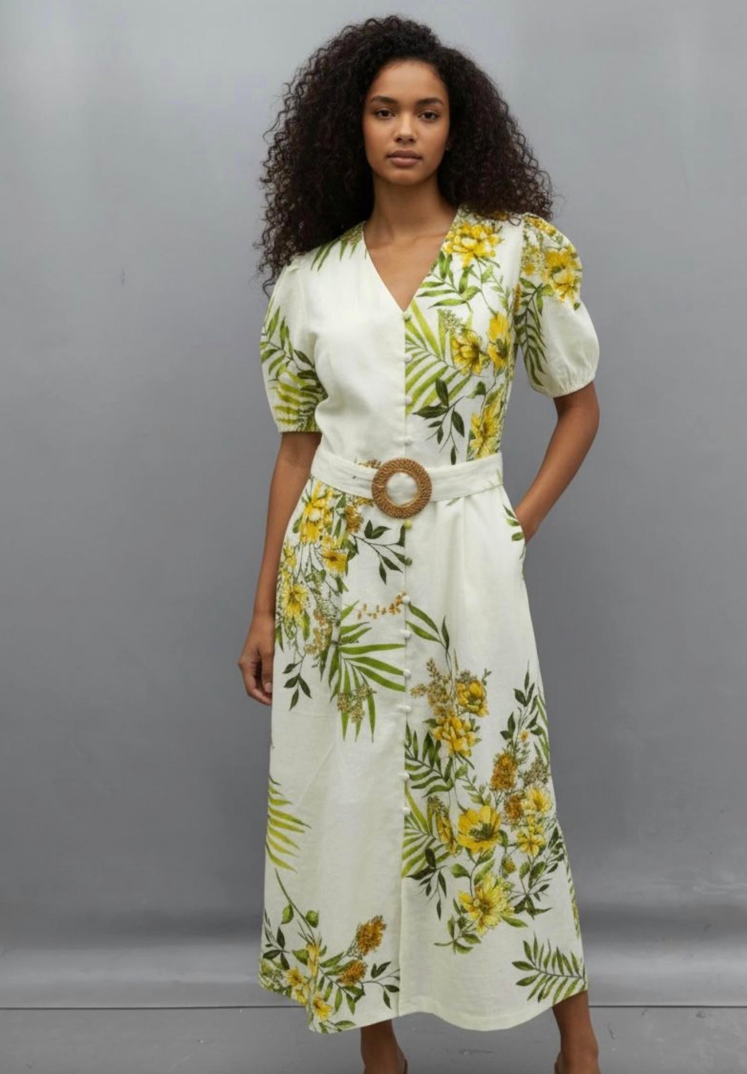 Zoe And Claire - STRUCTURED FLORAL PRINTED LINEN DRESS