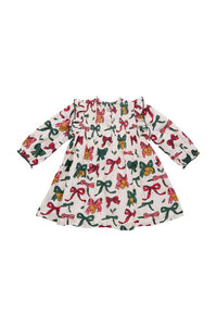 PINK CHICKEN Girls' Jaipur Dress in christmas bows bell - kids' dress - detail view