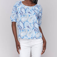 CHARLIE B On-Off Shoulder cotton blouse in blue - women's blouse
