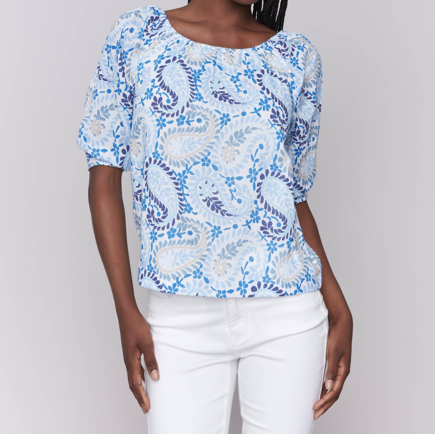 CHARLIE B On-Off Shoulder cotton blouse in blue - women's blouse