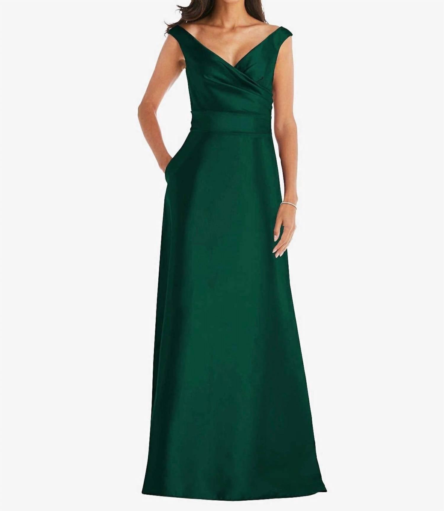 Alfred Sung - Women's Off Shoulder Draped Wrap Satin Maxi Dress