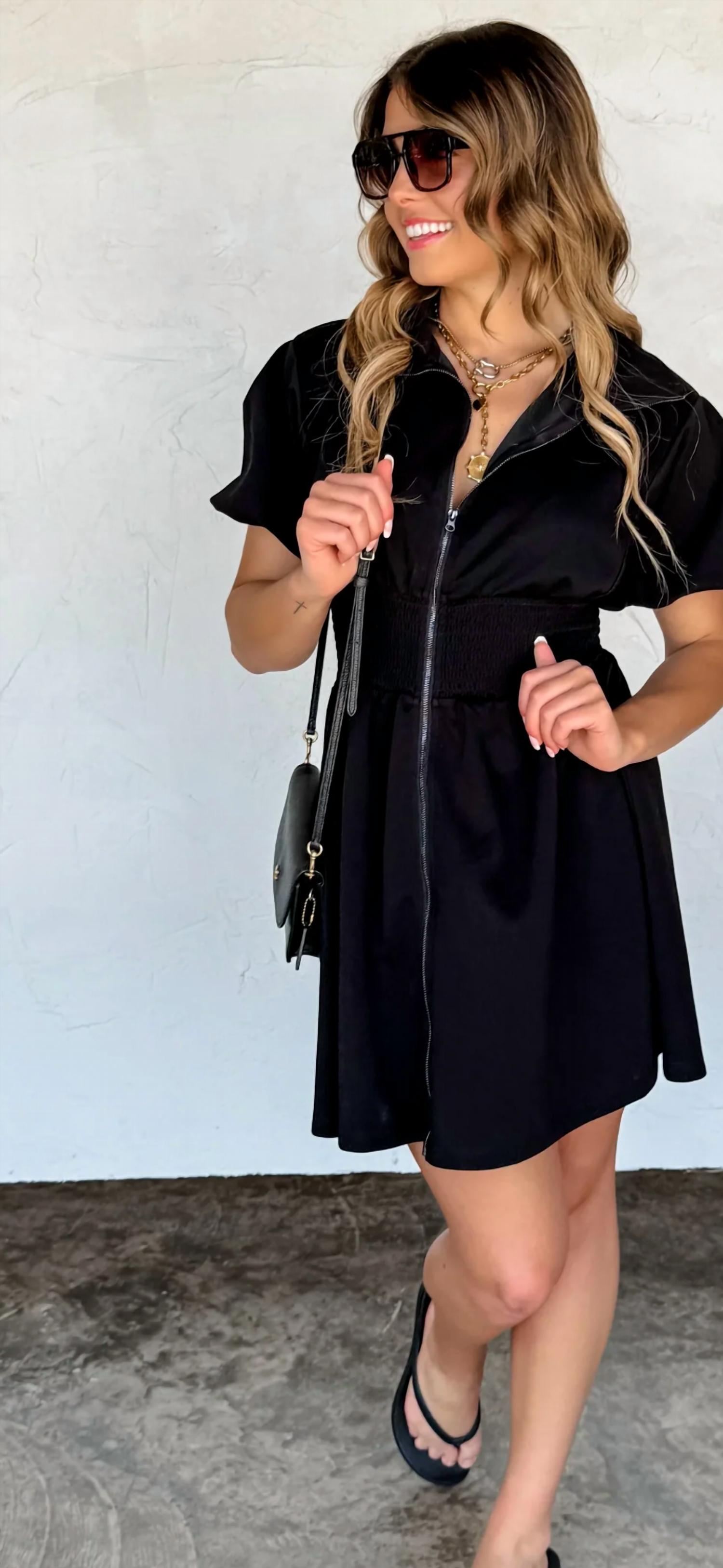 BLAKELEY Marren Zip Front Mini Dress in black - women's dress - detail view