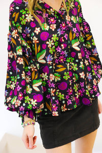 Karlie - Floral Satin Button Puff Sleeve Top